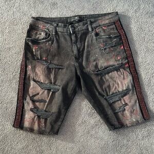 Jordan Craig Men's Shorts Black Red Rhinestone Distressed Ripped Paint Size 36”